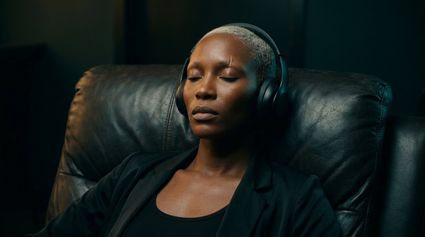 A listener resting with headphones on and eyes closed